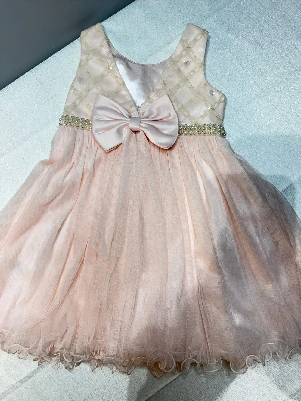 Girls' Light Pink Bow-Accent Tulle Party Dress